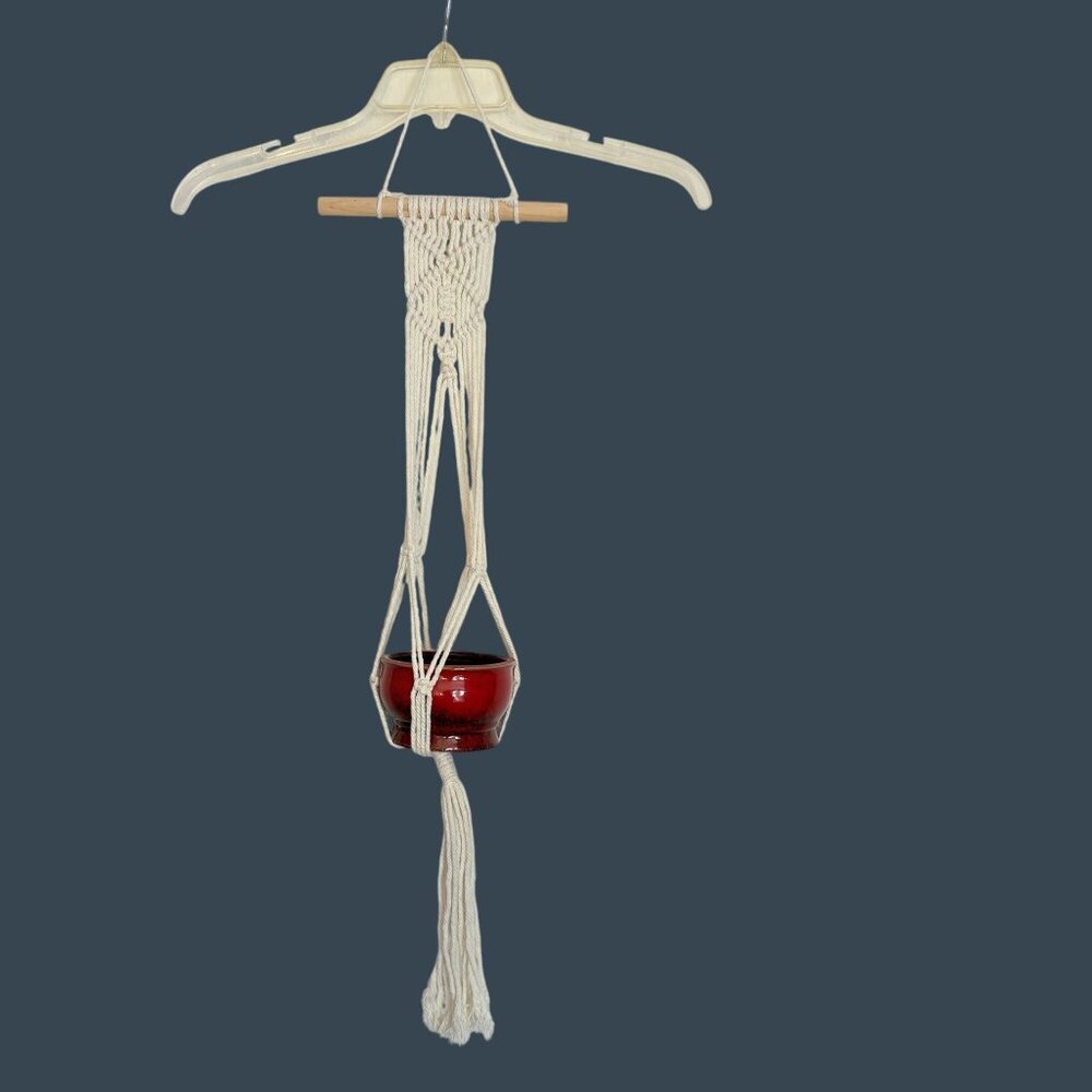 Handmade Macrame Plant Hanger w Red Ceramic Pot‎ Boho 30in Cottagecore Hippie